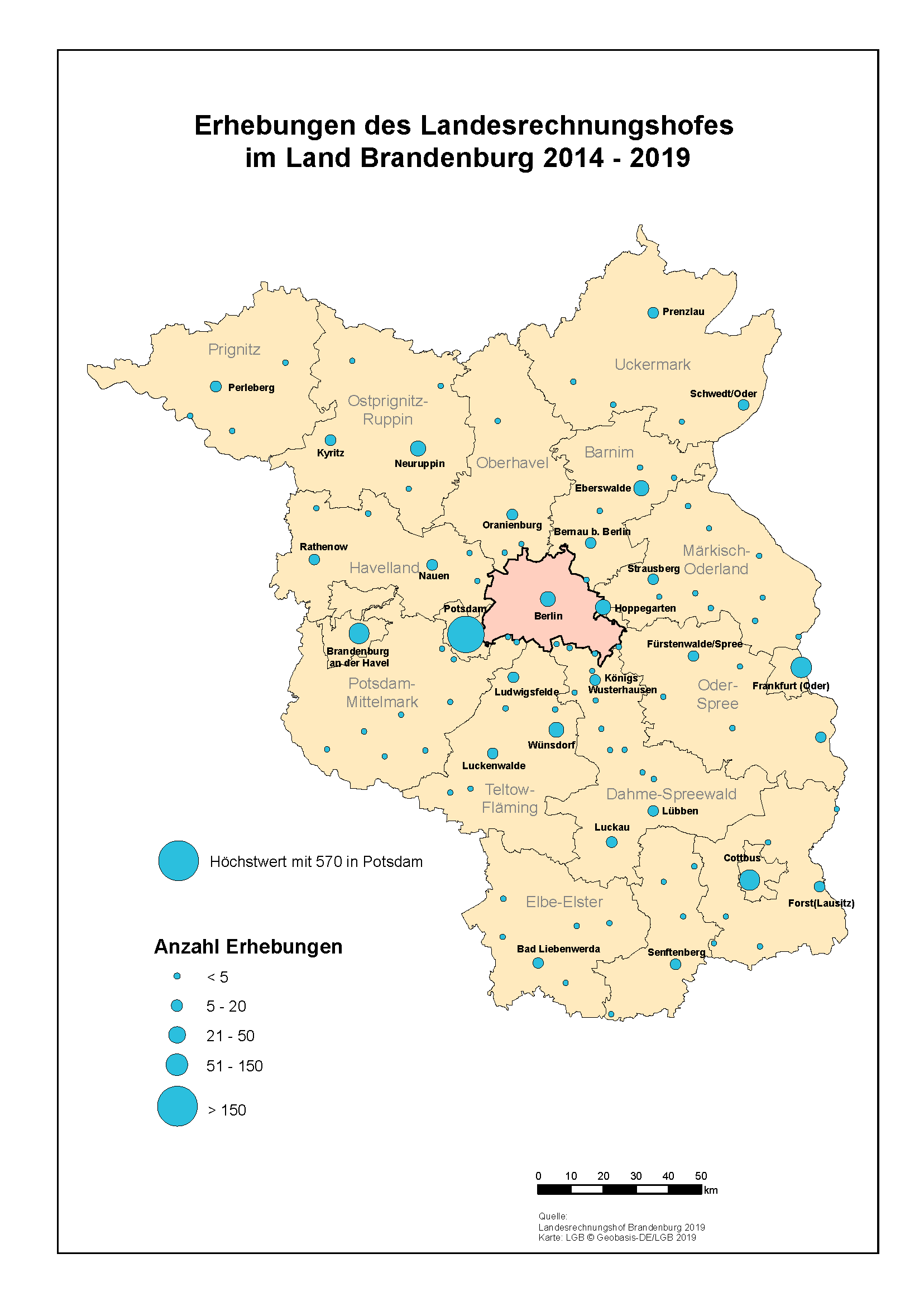 Karte über die Erhebungen des Landesrechnungshofes 2014 - 2019